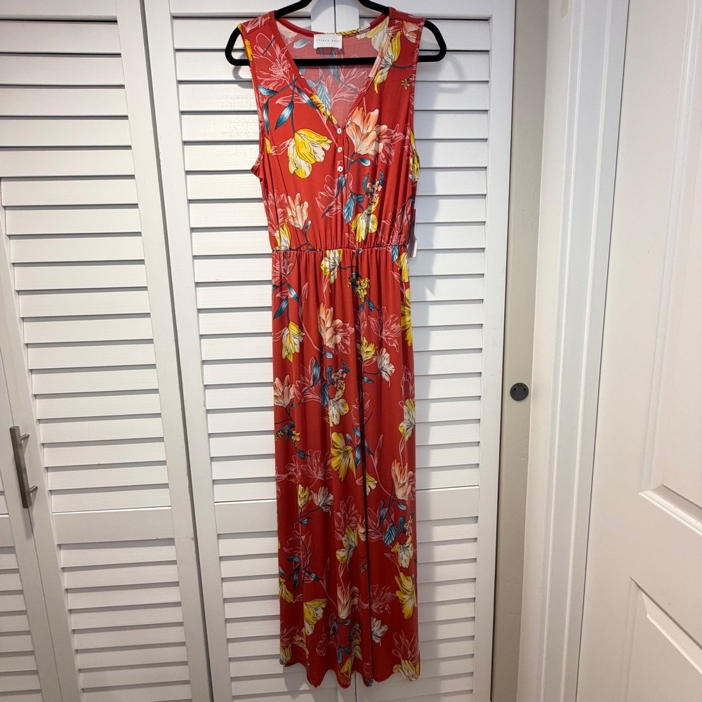 French Grey‎ Maxi Dress Floral Print Red Yellow Sleeveless Button V Neck XL New